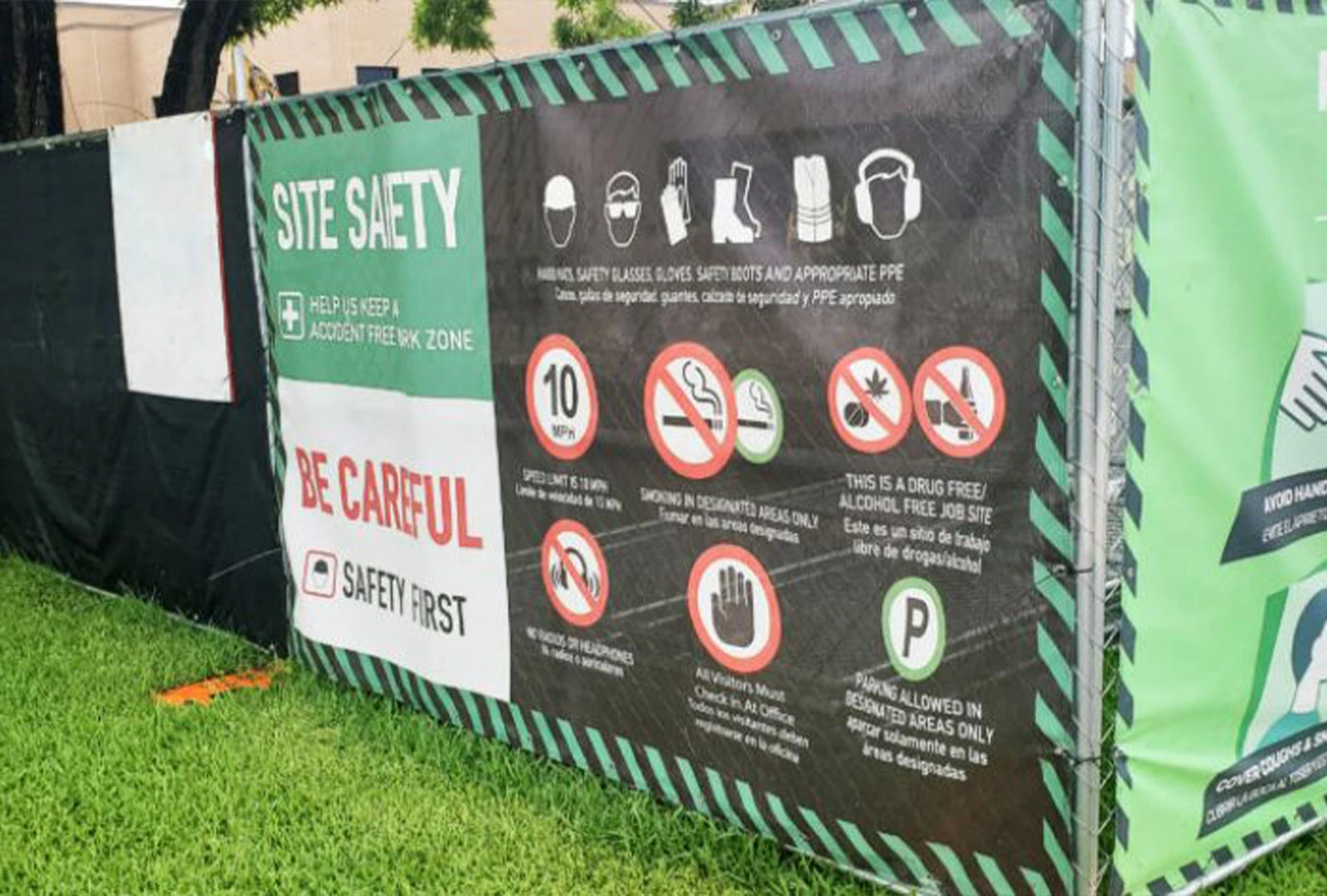 Site safety notice banner with warning icons