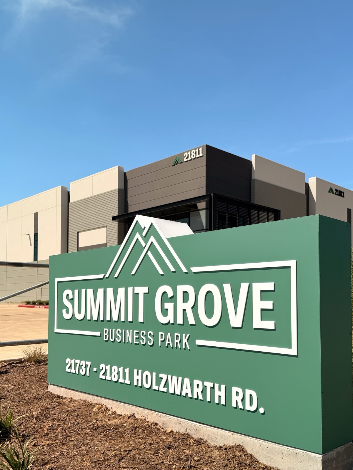 Summit Grove Business Park monument sign viewed from below, built by M3 Graphics